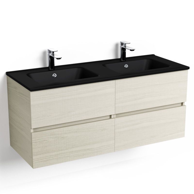 Meuble salle de bains 120 cm, Frêne clair, avec tiroirs et double vasques céramique Noir Mat, Caruso