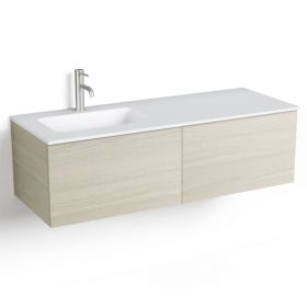 Meuble salle de bains 120 cm, Frêne clair, avec tiroirs et vasque gel coat décentrée, Caruso