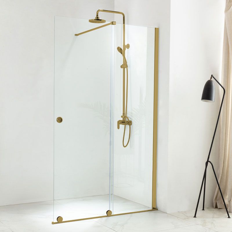 Paroi de douche fixe + porte coulissante, profilé doré brossé, 120 ou 140 cm, Arca