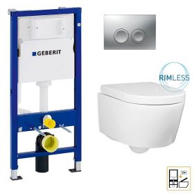 Bâti Geberit Duofix Basic + Plaque Delta25 chrome mat + WC suspendu Alto blanc compact - Pack WC suspendu