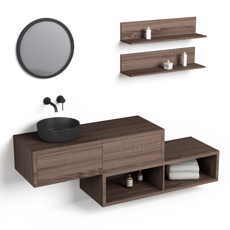 Ensemble meuble salle de bains 120 cm + caisson rangement et tablettes, Britannia, Step