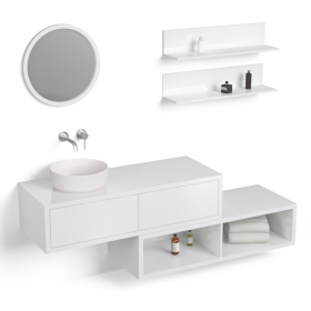Ensemble meuble salle de bains 120 cm + caisson rangement et tablettes, Blanc, Step