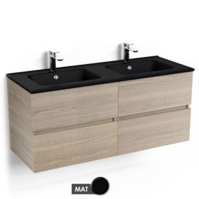 Meuble salle de bains 120 cm, Frêne foncé, avec tiroirs et double vasques céramique Noir Mat, Caruso