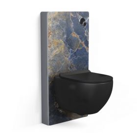 Bâti autoportant panneau déco carrelage Icaro Bleu, Elo + Plaque double-touches noire + WC suspendu noir, Vera