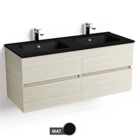 Meuble salle de bains 120 cm, Frêne clair, avec tiroirs et double vasques céramique Noir Mat, Caruso