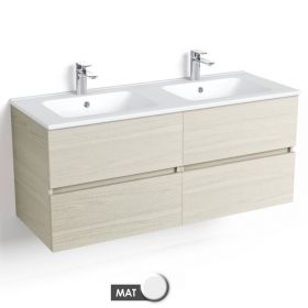 Meuble salle de bains 120 cm, Frêne clair, avec tiroirs et double vasques céramique Blanc Mat, Caruso