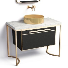 Ensemble meuble 100 cm cuir noir avec plan marbre et structure dorée + miroir LED, Haussmann 1 - image 2