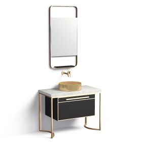Ensemble meuble 100 cm cuir noir avec plan marbre et structure dorée + miroir LED, Haussmann 1