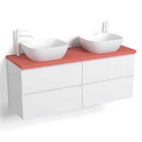 Meuble salle de bain blanc mat 140 cm, plateau Argile rouge, One