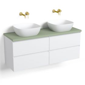 Meuble salle de bain blanc mat 140 cm, plateau Vert arcilla, One