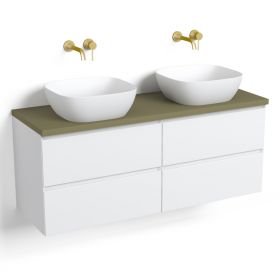 Meuble salle de bain blanc mat 140 cm, plateau Vert olive, One