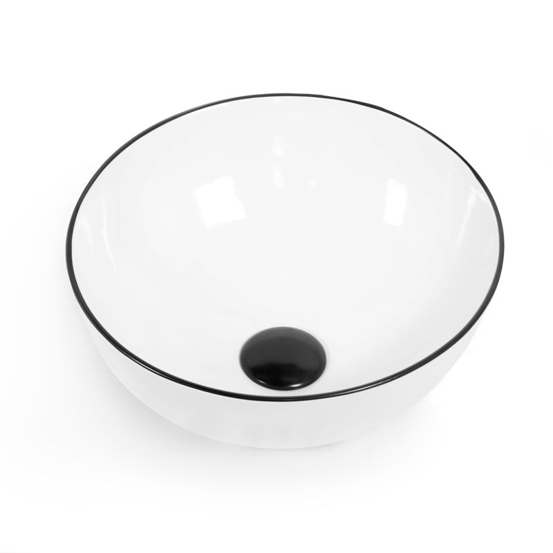 Vasque à poser 41 x 37 cm ronde, céramique, Blanc brillant avec liseré noir, made in France, Fil