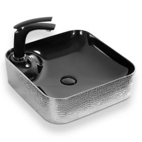 Vasque à poser avec plage de robinetterie, noir et argent - 43 x 43 cm - Eclat2