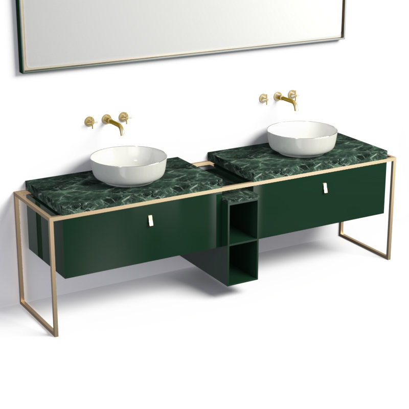 Ensemble meuble 220 cm vert avec plan marbre et structure dorée + miroir LED, Haussmann 5 - image 2