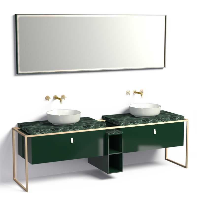 Ensemble meuble 220 cm vert avec plan marbre et structure dorée + miroir LED, Haussmann 5