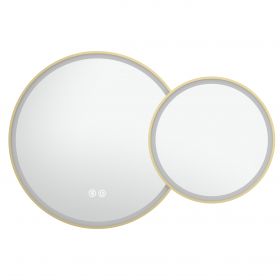 Miroir 105x70 cm lumineux LED, antibuée, double ronds, cadre doré brossé, Châtelet