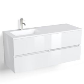 Meuble salle de bains 120 cm, Blanc brillant, avec tiroirs et vasque gel coat à droite ou à gauche, Caruso