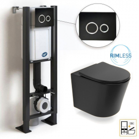 Bâti compact WIRQUIN + Plaque de déclenchement noire + WC suspendu Noir Rimless Flavia - Pack WC suspendu