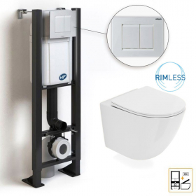 Bâti compact WIRQUIN + Plaque de déclenchement blanche + WC suspendu Celia Rimless - Pack WC suspendu