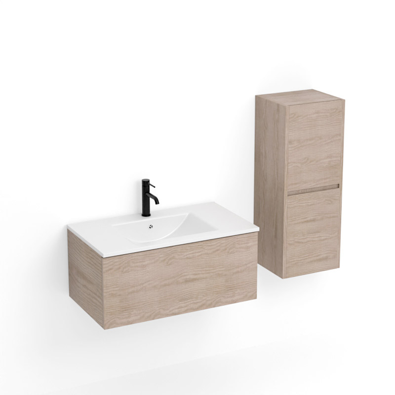 Meuble salle de bains 80 cm, 1 tiroir et colonne, Frêne foncé, Caruso