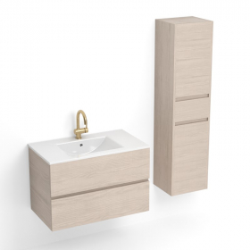 Meuble salle de bains 80 cm, 2 tiroirs et colonne, Frêne clair, Caruso