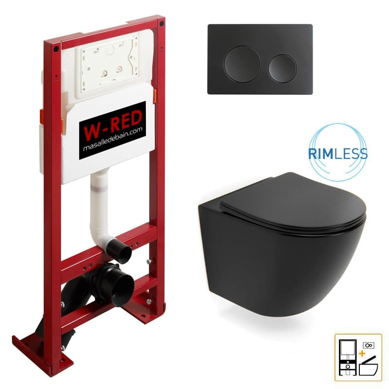 PACK WC Bati-support W-RED Autoportant + WC sans bride Noir mat + plaque Noire mat