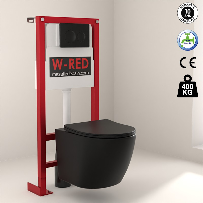 PACK WC Bati-support W-RED Autoportant + WC sans bride Noir mat + plaque Noire mat