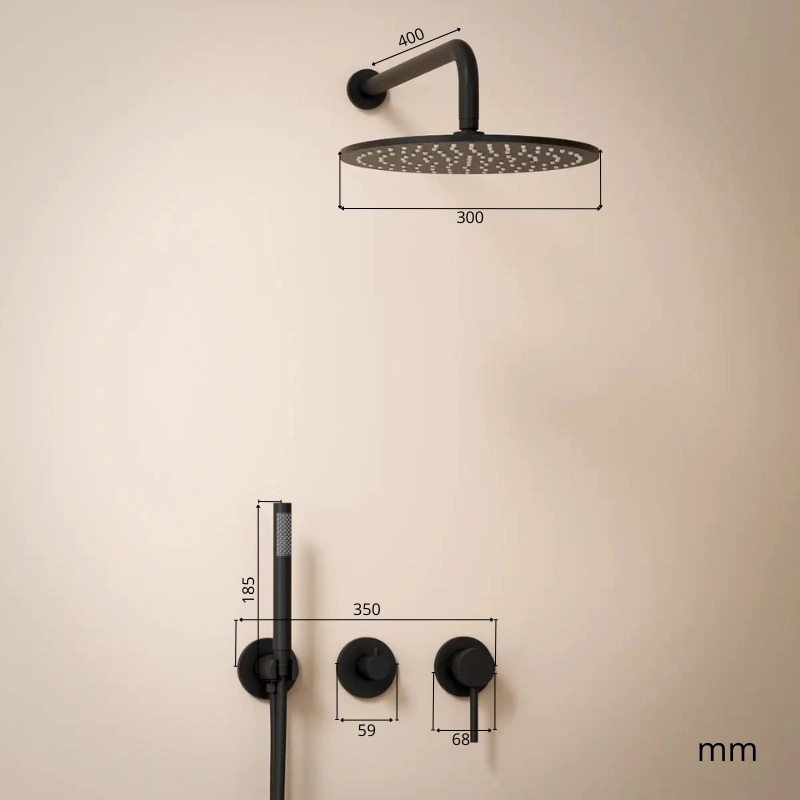 Composition mitigeur de douche encastrée, pomme de tête et set douchette, noir mat