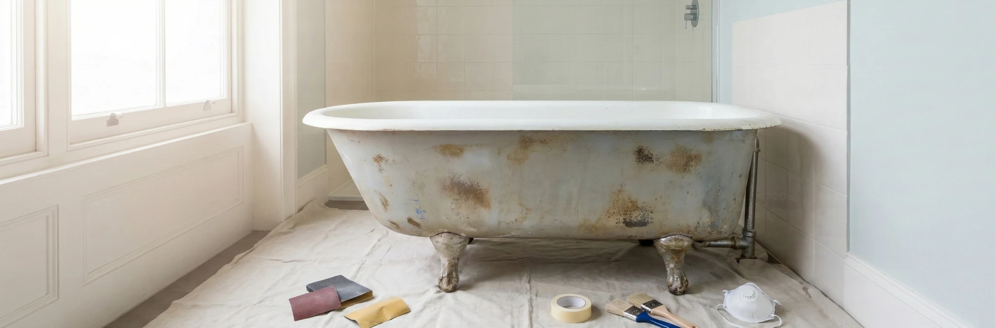 Baignoire en fonte ancienne en cours de rénovation dans une salle de bain lumineuse.