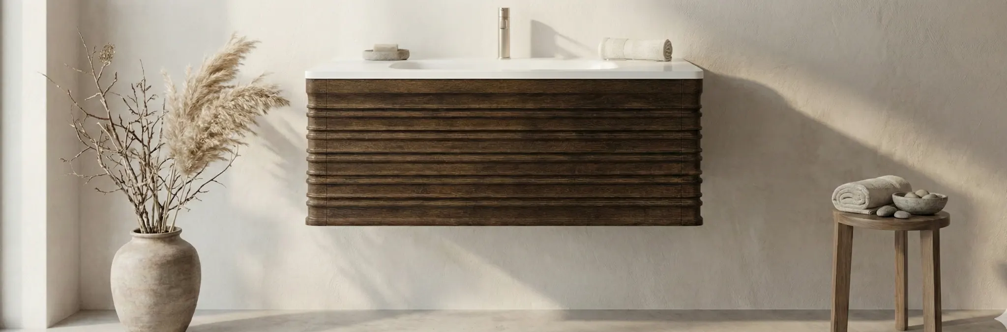 Meuble de salle de bain suspendu en bois massif avec double vasque blanche et rangements.