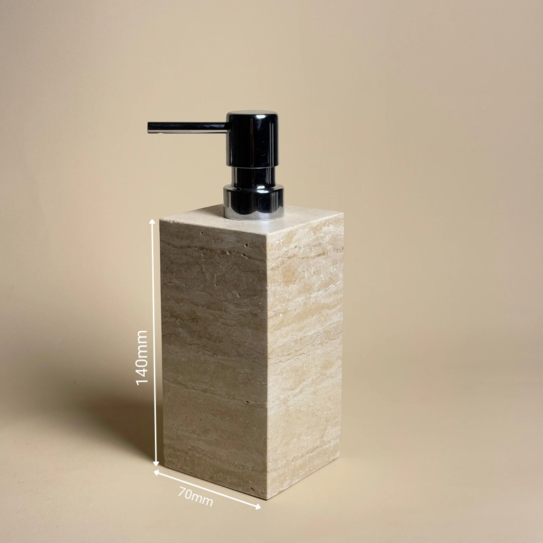 Schéma Distributeur de savon carré en travertin beige & Pompe Chromée