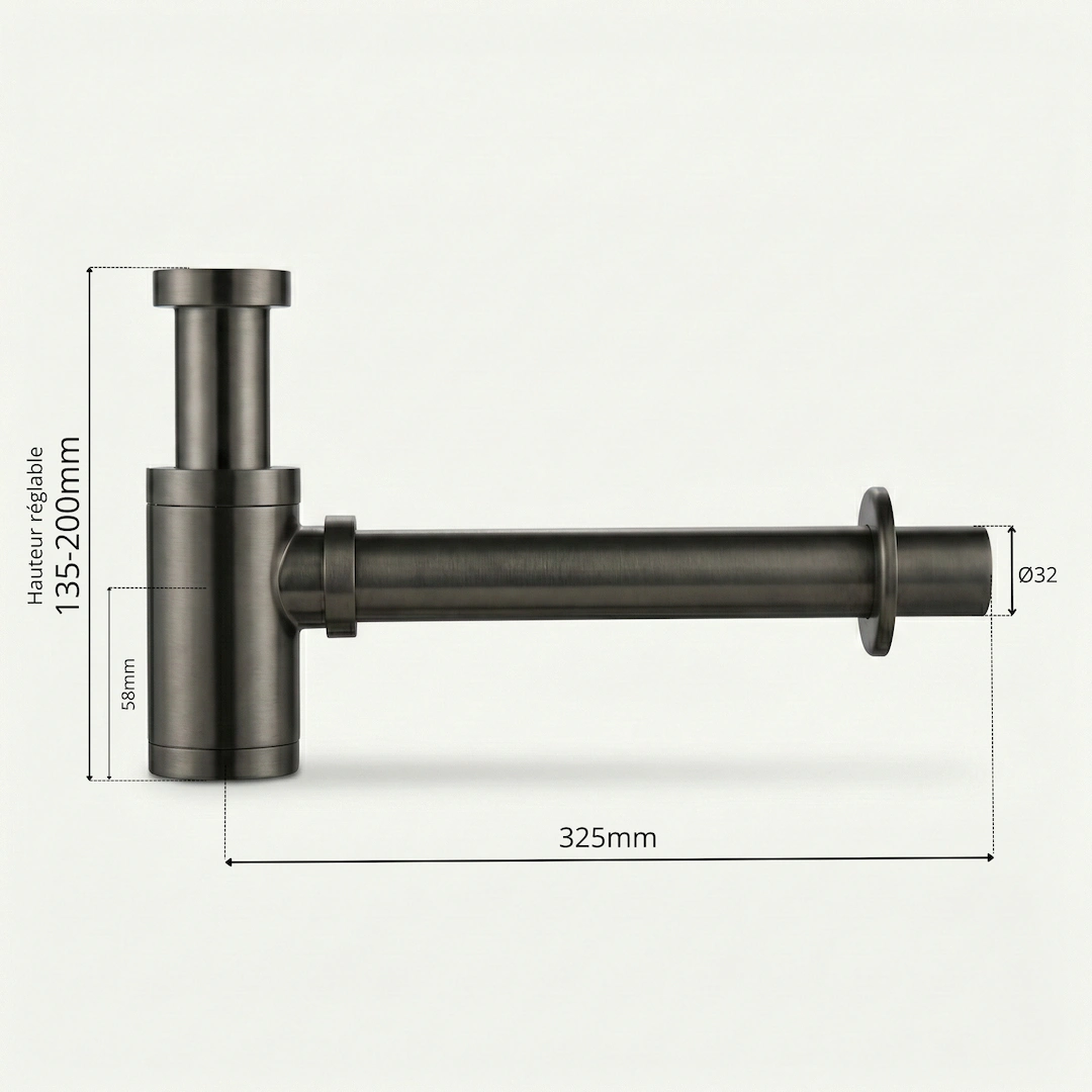 Schéma coté siphon en inox finition gun métal