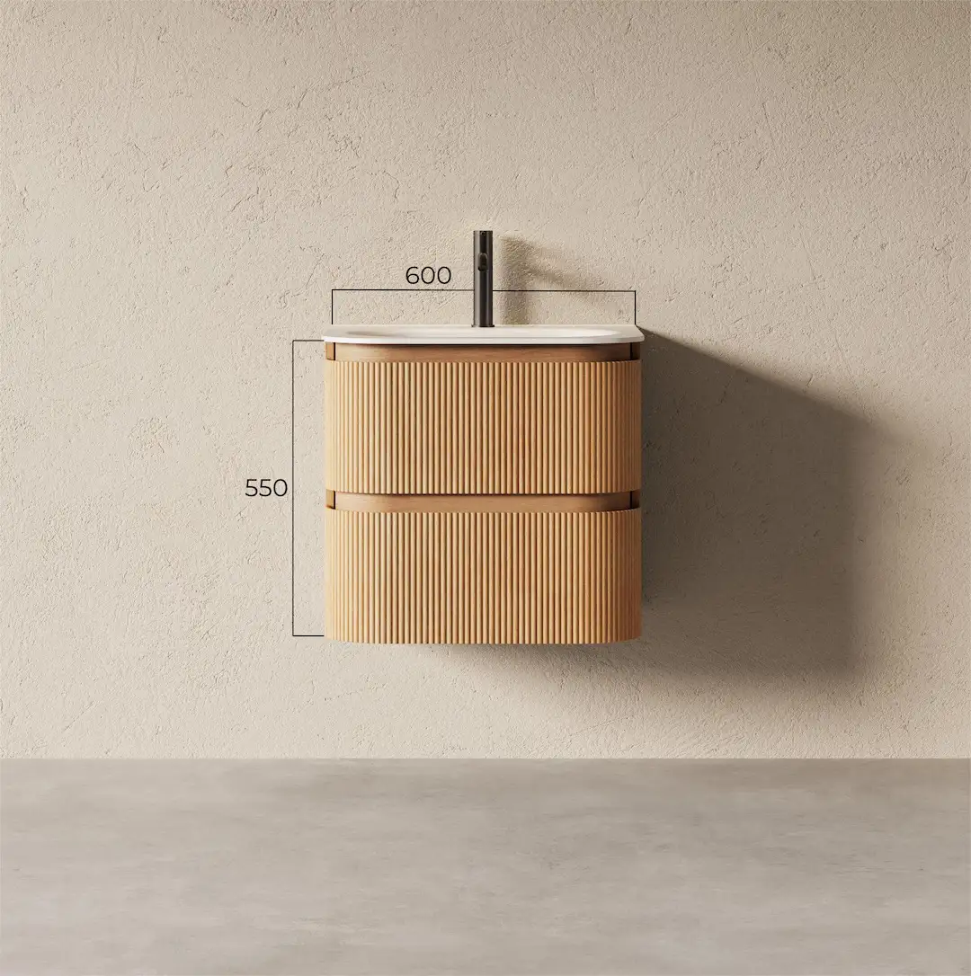 Schéma coté Meuble vasque suspendu Alix 60cm, finition chêne naturel cannelé avec vasque arrondie en résine blanc mat.