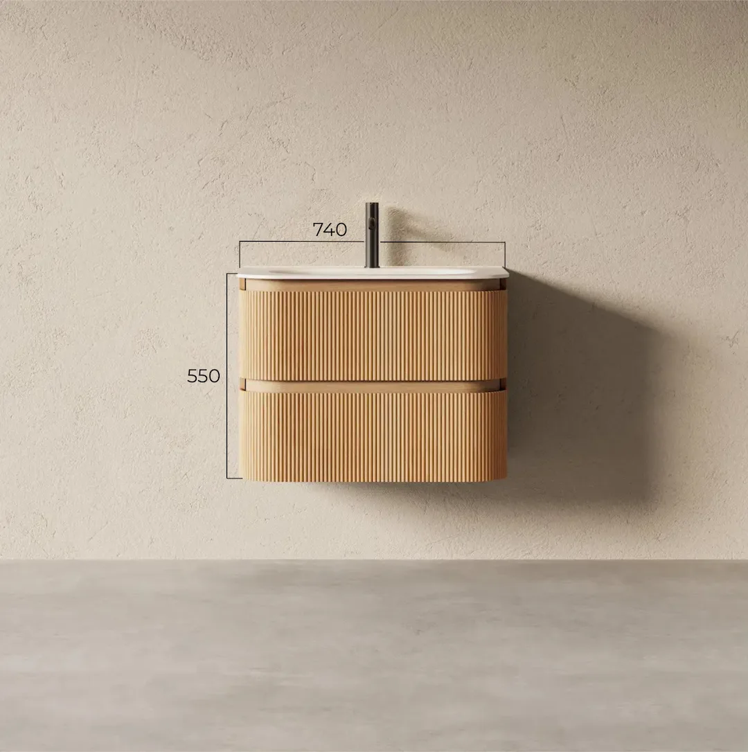 Schéma technique Meuble de salle de bain Alix 75 cm, chêne naturel cannelé et vasque arrondie en résine blanc mat.