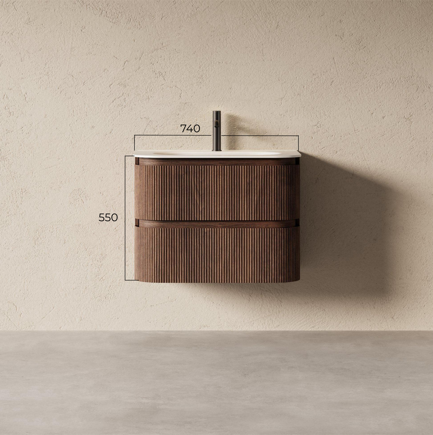 Schéma technique Meuble vasque suspendu Alix 75 cm, finition noyer foncé cannelé avec vasque arrondie en résine blanc mat.