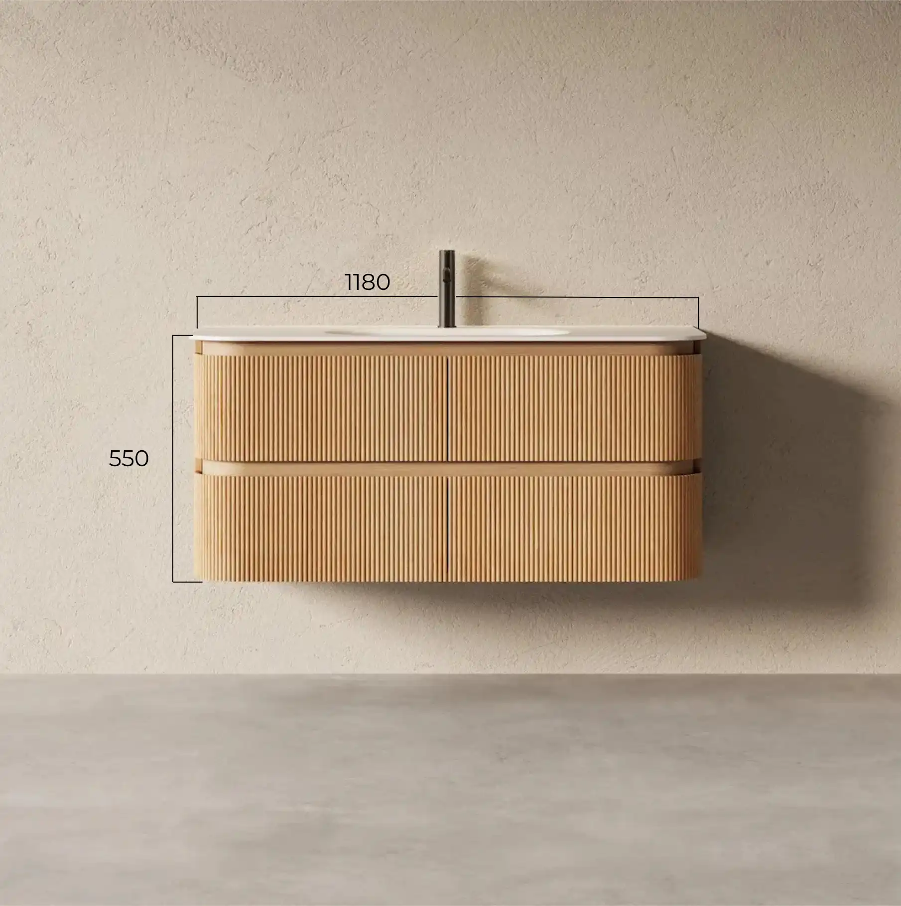 Schéma technique Grand meuble vasque Alix 120 cm, chêne naturel à relief cannelé, plan vasque arrondi en résine minérale blanc mat.