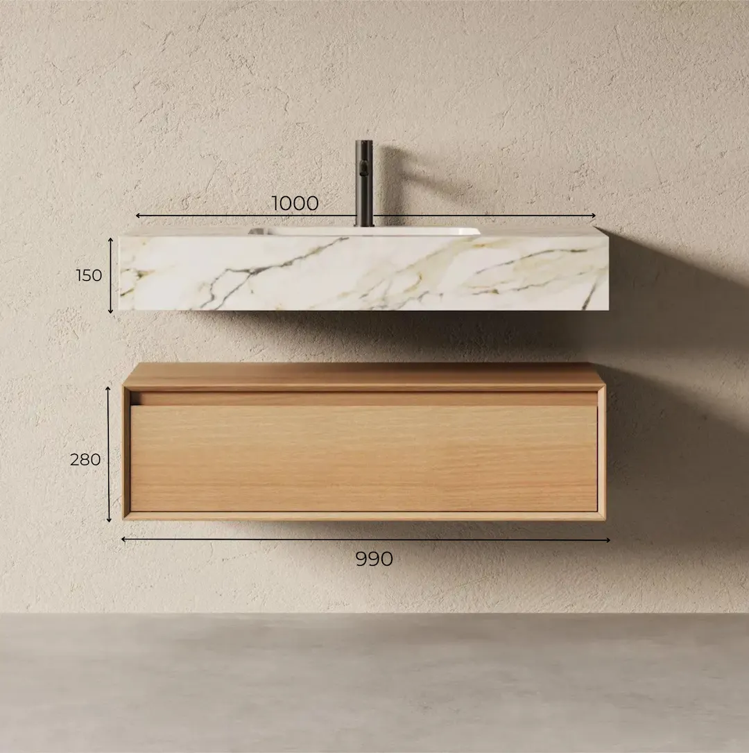 Schéma technique Meuble salle de bain Irene 100 cm chêne naturel et plan vasque en pierre frittée effet marbre Carrara.