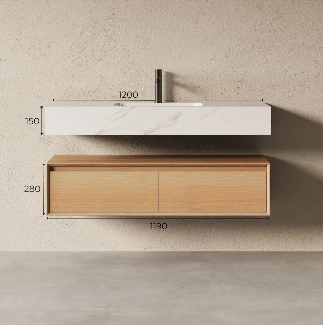 Schéma technique Meuble de salle de bain suspendu Irene 120 cm en chêne naturel avec plan vasque en pierre frittée Carrara et double compartiment de rangement.