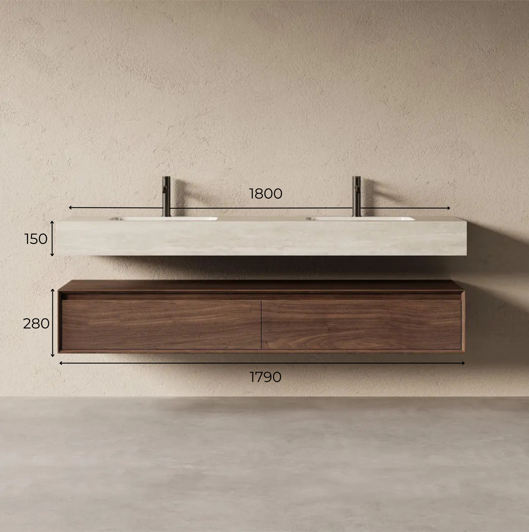 Schéma technique Ensemble double vasque Irene 180 cm en noyer foncé avec plan massif en pierre frittée travertin et tiroirs DTC.