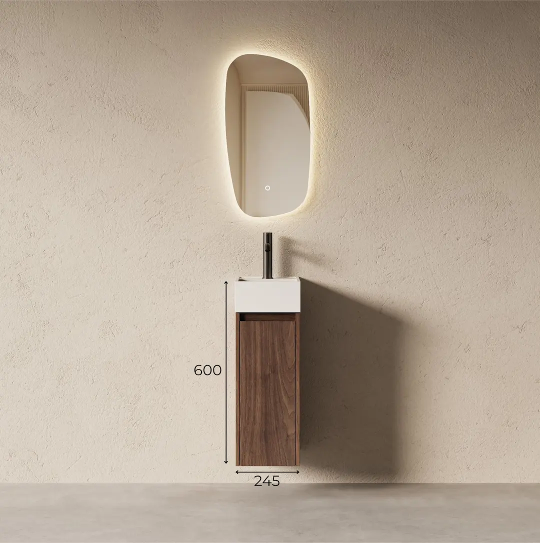 Schéma technique Lave-mains suspendu Aude 40cm, meuble en noyer foncé et vasque en résine blanc mat, design minimaliste.