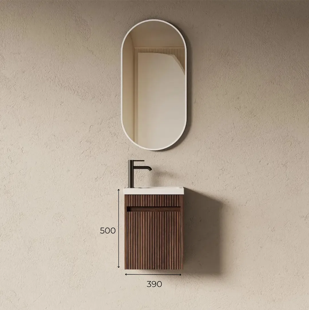 Schéma technique Lave-mains suspendu Lila en noyer avec façades cannelées et vasque rectangulaire en résine blanc mat.