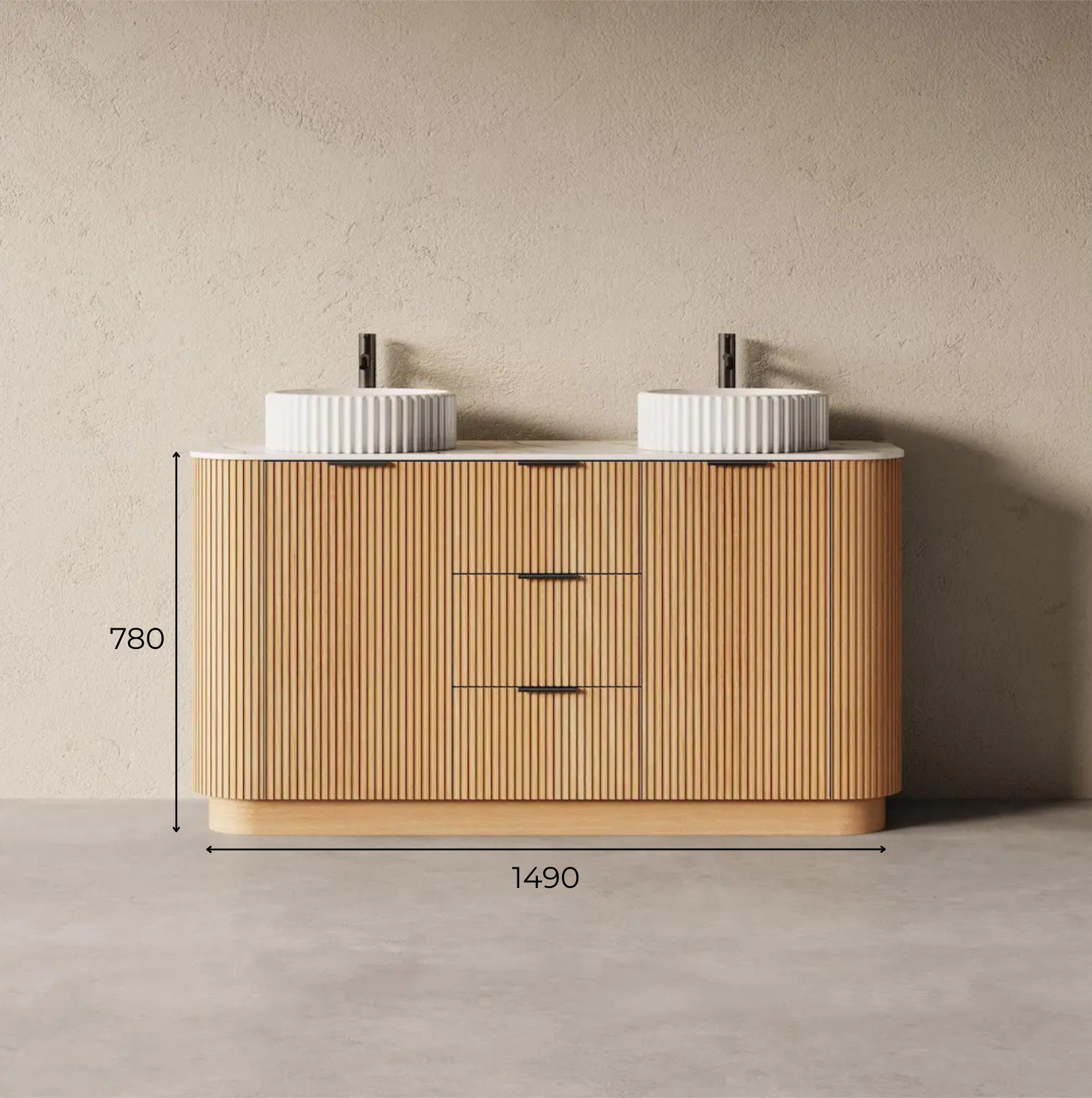 Schéma technique du Meuble double vasque Liam 150cm en chêne naturel avec façade cannelée et plan en pierre de synthèse blanche.