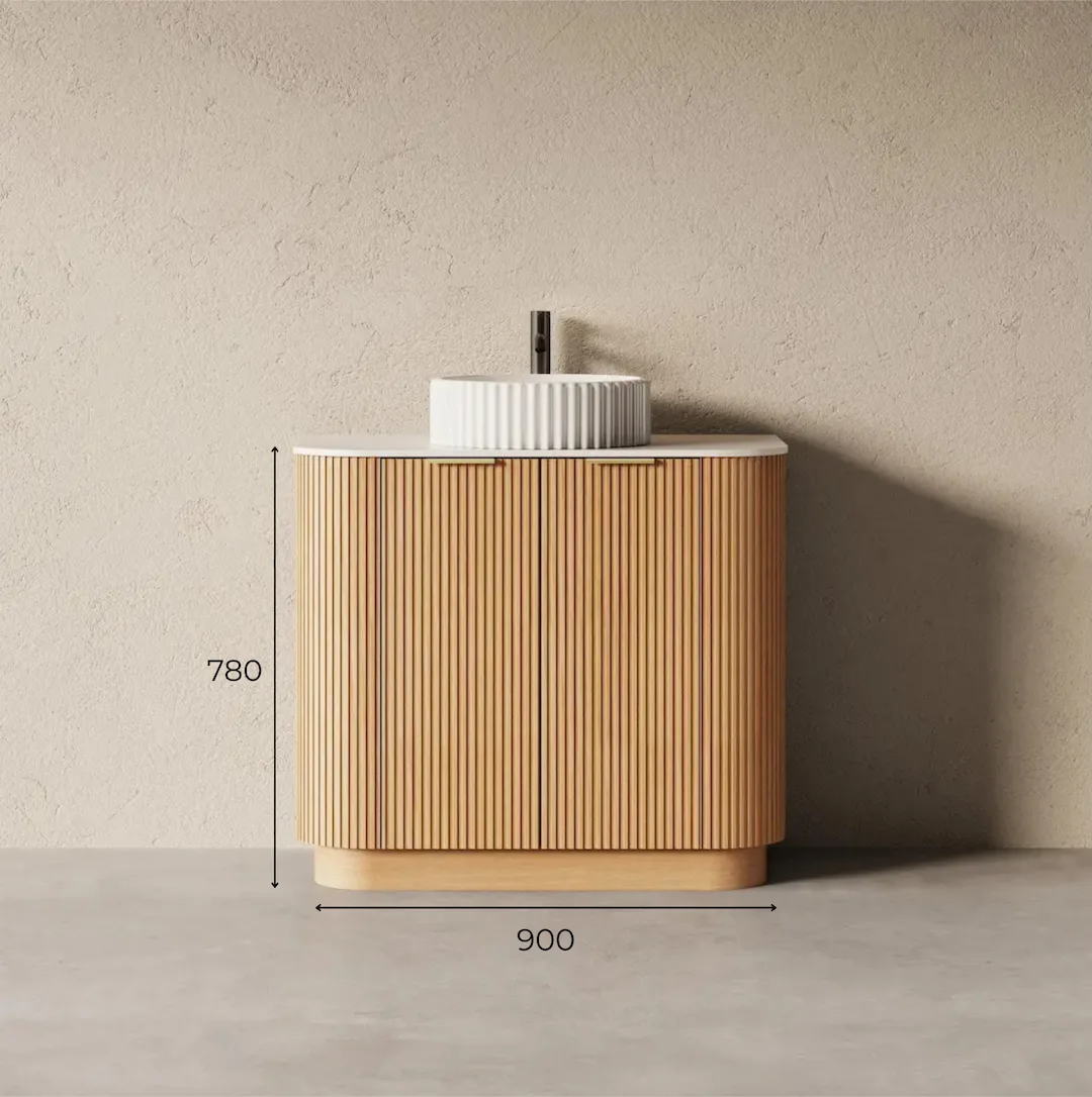 Schéma technique Meuble à poser de salle de bain en bois finition chêne naturel cannelé.