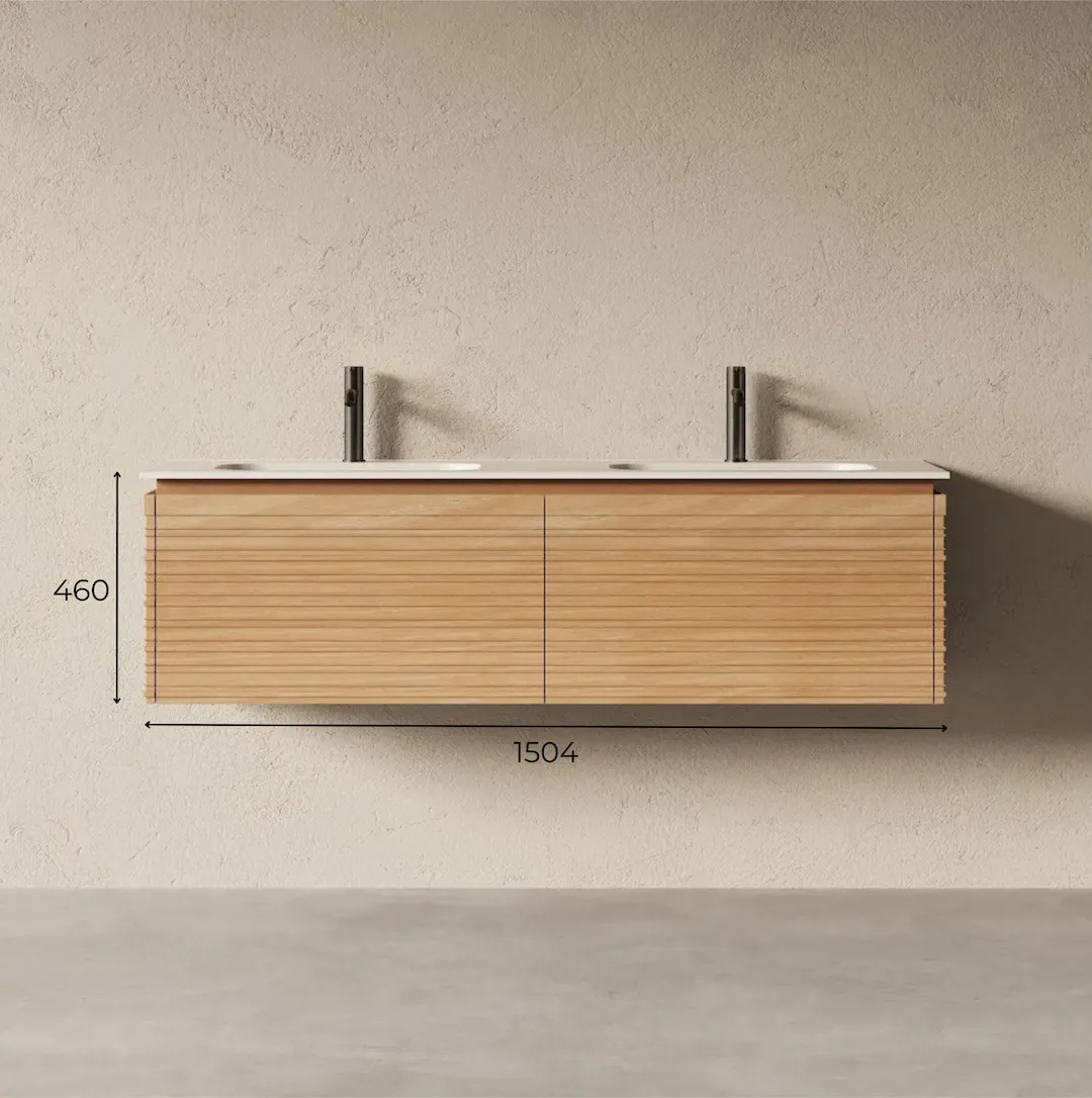 Schéma technique Meuble de salle de bain suspendu à 2 tiroirs en bois finition chêne naturel cannelé horizontal avec double vasque.