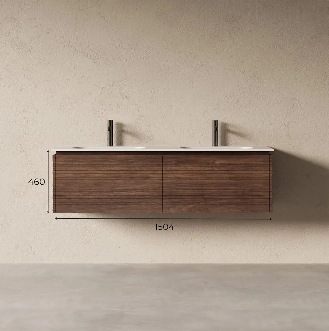 Schéma technique Meuble de salle de bain suspendu à 2 tiroirs en bois finition noyer cannelé horizontal avec double vasque.