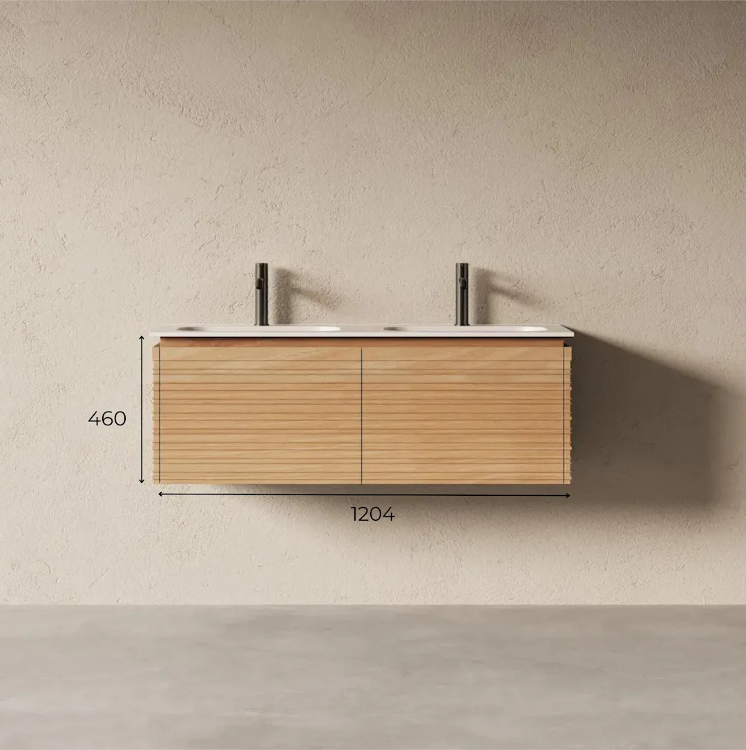 Schéma technique Meuble de salle de bain suspendu à 2 tiroirs en bois finition chêne naturel cannelé horizontal avec double vasque.