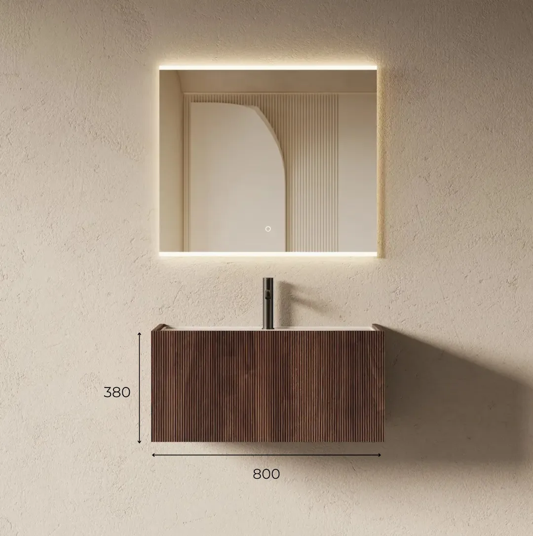 Schéma technique Meuble de salle de bain suspendu à 1 tiroir en bois finition noyer cannelé vertical avec vasque simple intégrée encadrée.