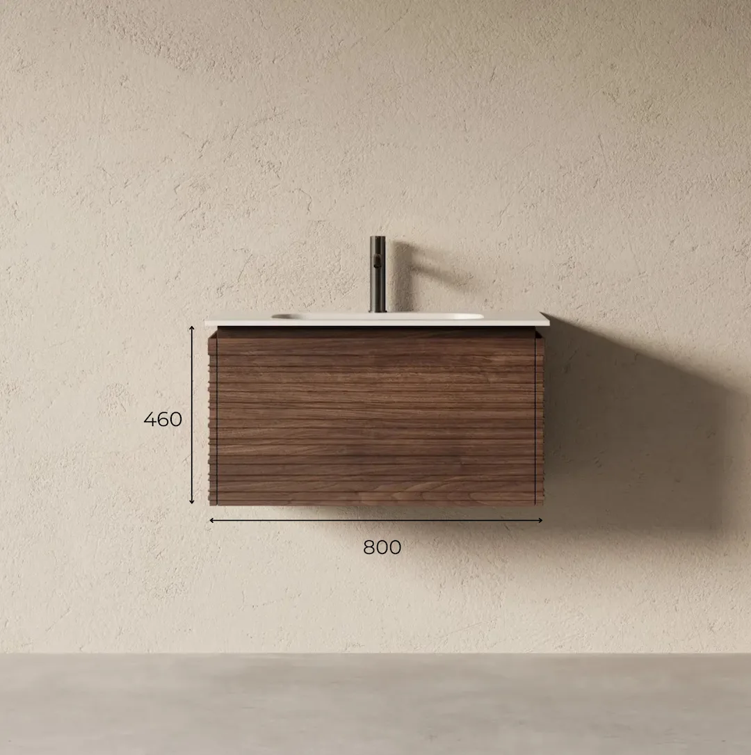 Schéma technique Meuble de salle de bain suspendu à 1 grand tiroir en bois finition noyer cannelé horizontal avec vasque simple.