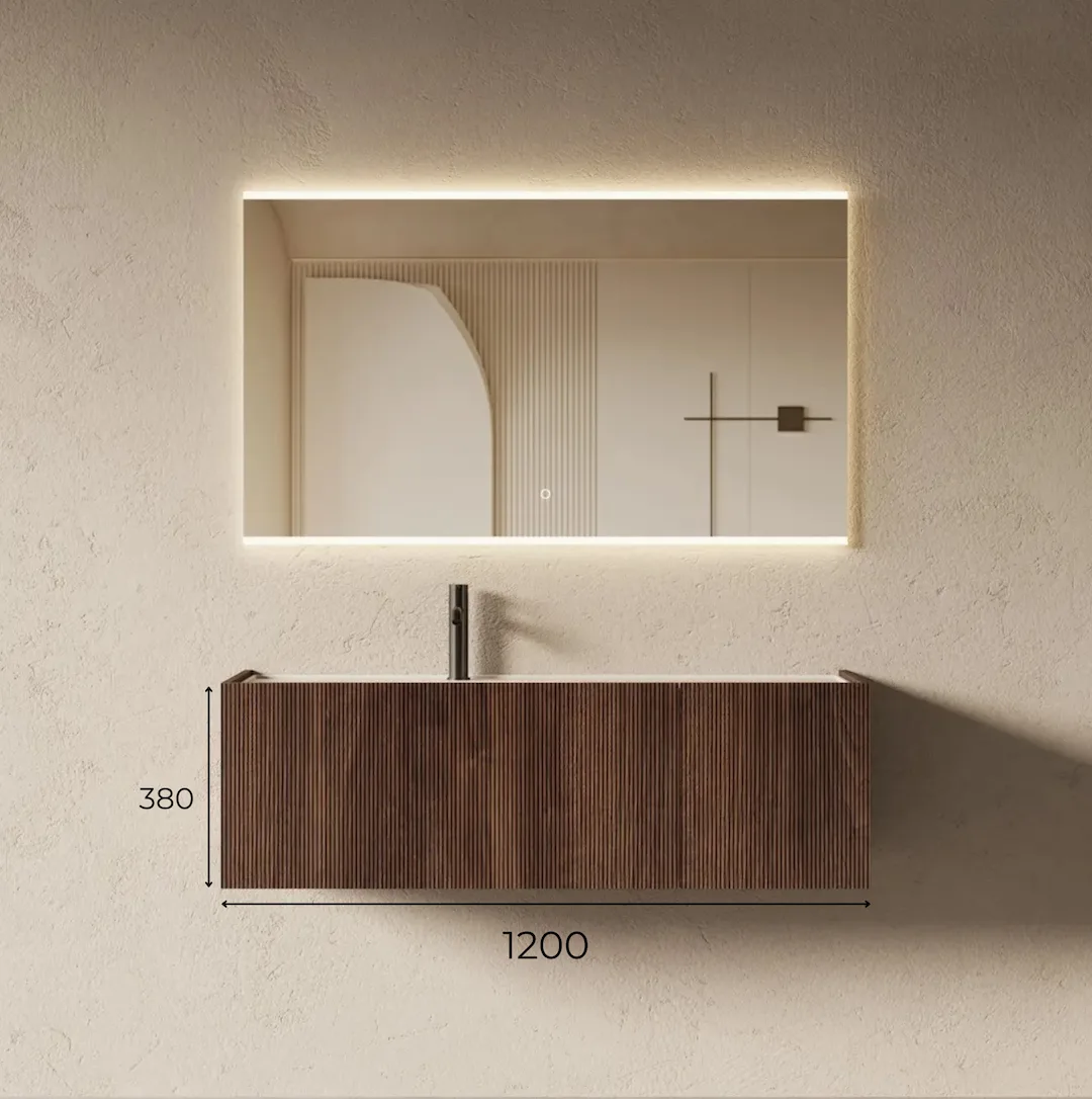 Schéma technique Meuble de salle de bain suspendu asymétrique à 2 tiroirs en bois finition noyer cannelé vertical avec vasque intégrée.