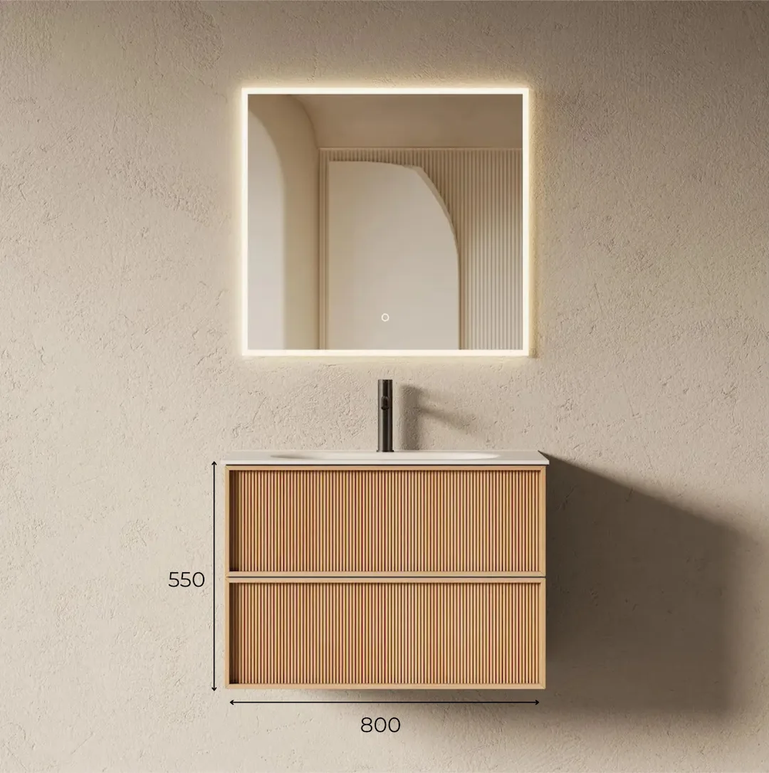 Schéma technique Meuble salle de bain suspendu 80cm en chêne naturel, plan vasque résine minérale mate et façades cannelées